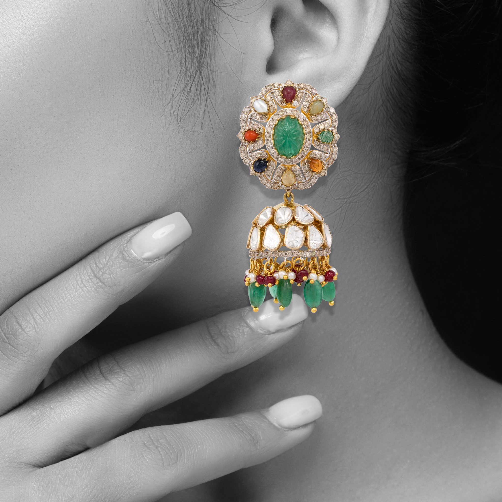 Carved Emerald Navratan Jhumki with Polki Dome